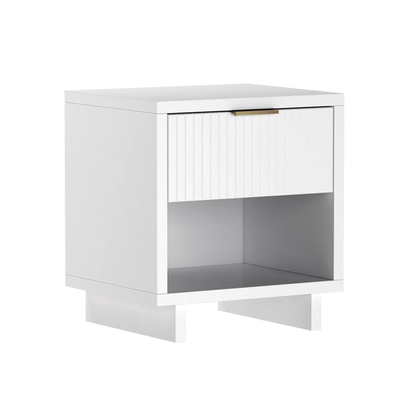English Elm Nightstand with Fluted Drawer Open Shelf and Soft Close Glides for Modern Bedrooms White B365P504375
