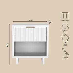 English Elm Nightstand with Fluted Drawer Open Shelf and Soft Close Glides for Modern Bedrooms White B365P504375