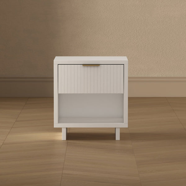 English Elm Nightstand with Fluted Drawer Open Shelf and Soft Close Glides for Modern Bedrooms White B365P504375