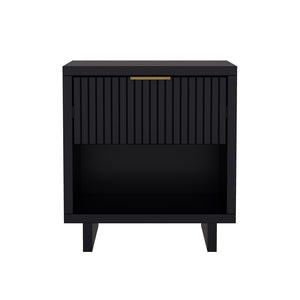 English Elm Nightstand with Fluted Drawer Open Shelf and Soft Close Glides for Modern Bedrooms Black B365P504376