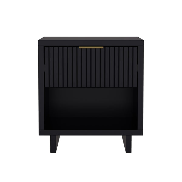 English Elm Nightstand with Fluted Drawer Open Shelf and Soft Close Glides for Modern Bedrooms Black B365P504376