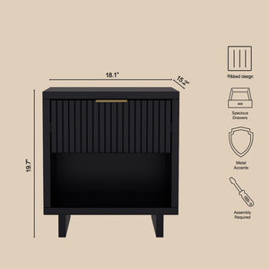 English Elm Nightstand with Fluted Drawer Open Shelf and Soft Close Glides for Modern Bedrooms Black B365P504376
