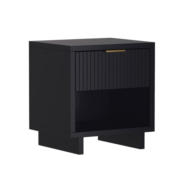 English Elm Nightstand with Fluted Drawer Open Shelf and Soft Close Glides for Modern Bedrooms Black B365P504376