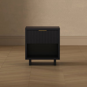 English Elm Nightstand with Fluted Drawer Open Shelf and Soft Close Glides for Modern Bedrooms Black B365P504376