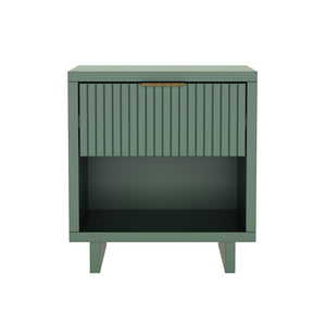 English Elm Nightstand with Fluted Drawer Open Shelf and Soft Close Glides for Modern Bedrooms Sage Green B365P504377