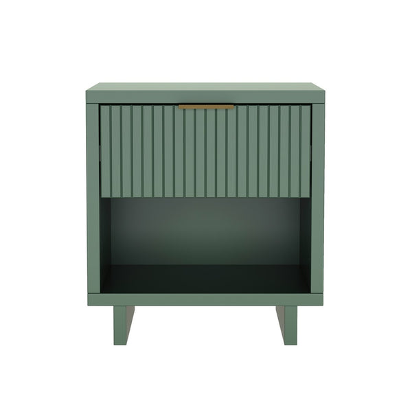 English Elm Nightstand with Fluted Drawer Open Shelf and Soft Close Glides for Modern Bedrooms Sage Green B365P504377