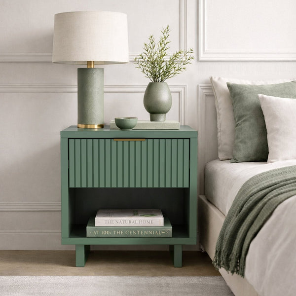 English Elm Nightstand with Fluted Drawer Open Shelf and Soft Close Glides for Modern Bedrooms Sage Green B365P504377