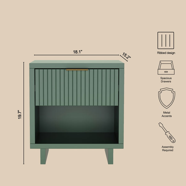 English Elm Nightstand with Fluted Drawer Open Shelf and Soft Close Glides for Modern Bedrooms Sage Green B365P504377