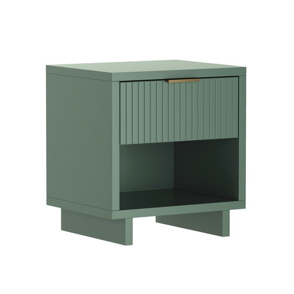 English Elm Nightstand with Fluted Drawer Open Shelf and Soft Close Glides for Modern Bedrooms Sage Green B365P504377