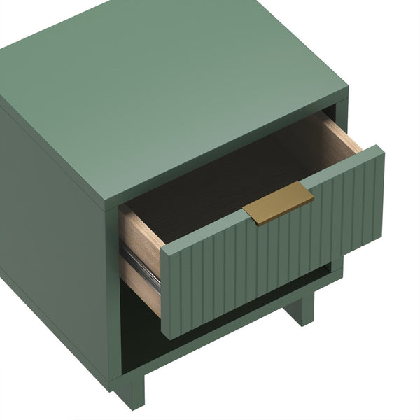 English Elm Nightstand with Fluted Drawer Open Shelf and Soft Close Glides for Modern Bedrooms Sage Green B365P504377