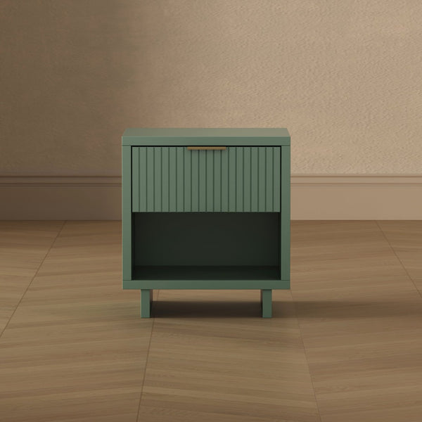 English Elm Nightstand with Fluted Drawer Open Shelf and Soft Close Glides for Modern Bedrooms Sage Green B365P504377