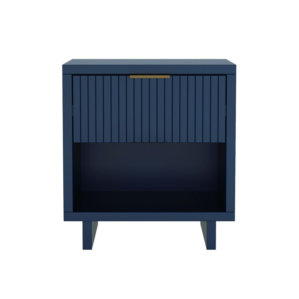 English Elm Nightstand with Fluted Drawer Open Shelf and Soft Close Glides for Modern Bedrooms Midnight Blue B365P504378