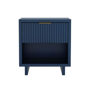 English Elm Nightstand with Fluted Drawer Open Shelf and Soft Close Glides for Modern Bedrooms Midnight Blue B365P504378
