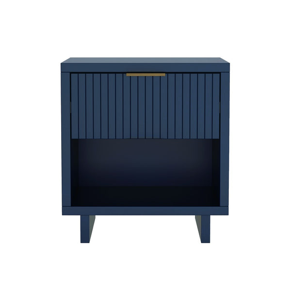 English Elm Nightstand with Fluted Drawer Open Shelf and Soft Close Glides for Modern Bedrooms Midnight Blue B365P504378