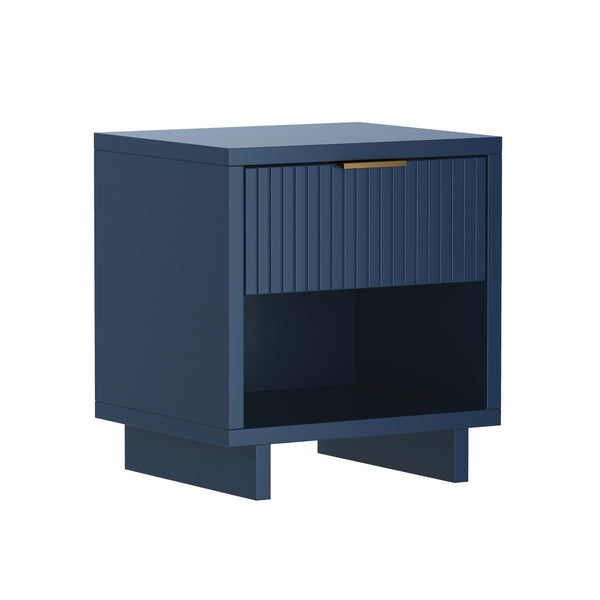 English Elm Nightstand with Fluted Drawer Open Shelf and Soft Close Glides for Modern Bedrooms Midnight Blue B365P504378