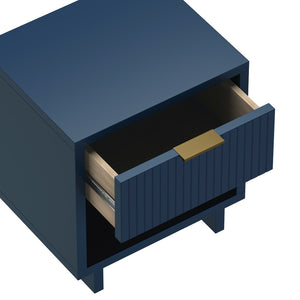 English Elm Nightstand with Fluted Drawer Open Shelf and Soft Close Glides for Modern Bedrooms Midnight Blue B365P504378