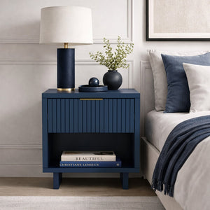 English Elm Nightstand with Fluted Drawer Open Shelf and Soft Close Glides for Modern Bedrooms Midnight Blue B365P504378