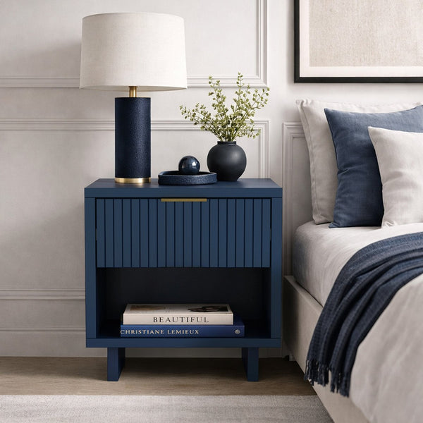 English Elm Nightstand with Fluted Drawer Open Shelf and Soft Close Glides for Modern Bedrooms Midnight Blue B365P504378