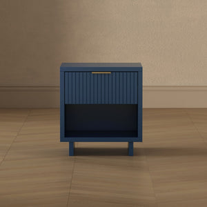 English Elm Nightstand with Fluted Drawer Open Shelf and Soft Close Glides for Modern Bedrooms Midnight Blue B365P504378