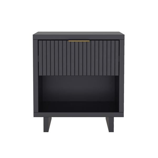English Elm Nightstand with Fluted Drawer Open Shelf and Soft Close Glides for Modern Bedrooms Charcoal Gray B365P504379
