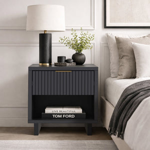 English Elm Nightstand with Fluted Drawer Open Shelf and Soft Close Glides for Modern Bedrooms Charcoal Gray B365P504379