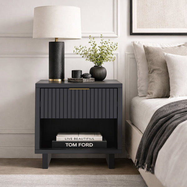 English Elm Nightstand with Fluted Drawer Open Shelf and Soft Close Glides for Modern Bedrooms Charcoal Gray B365P504379