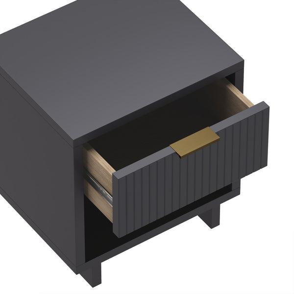 English Elm Nightstand with Fluted Drawer Open Shelf and Soft Close Glides for Modern Bedrooms Charcoal Gray B365P504379
