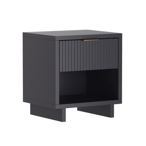 English Elm Nightstand with Fluted Drawer Open Shelf and Soft Close Glides for Modern Bedrooms Charcoal Gray B365P504379