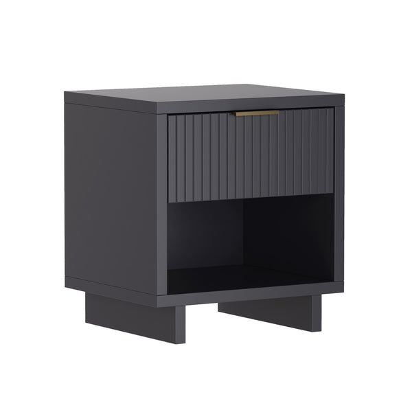 English Elm Nightstand with Fluted Drawer Open Shelf and Soft Close Glides for Modern Bedrooms Charcoal Gray B365P504379