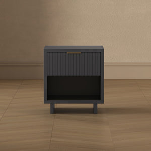 English Elm Nightstand with Fluted Drawer Open Shelf and Soft Close Glides for Modern Bedrooms Charcoal Gray B365P504379