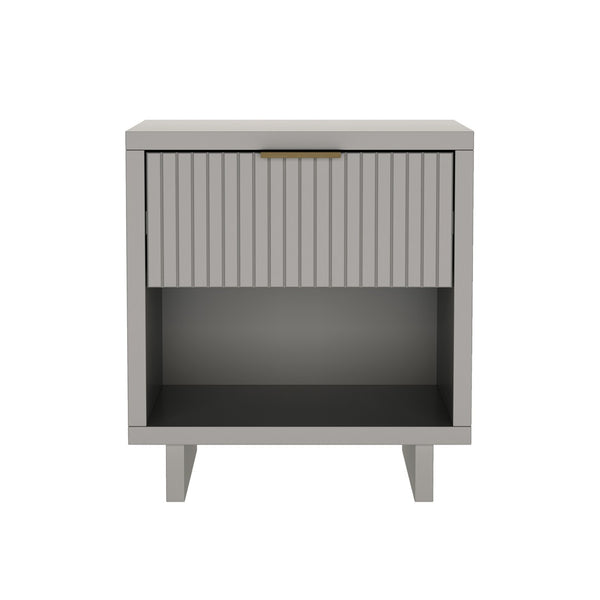 English Elm Nightstand with Fluted Drawer Open Shelf and Soft Close Glides for Modern Bedrooms Light Gray B365P504380