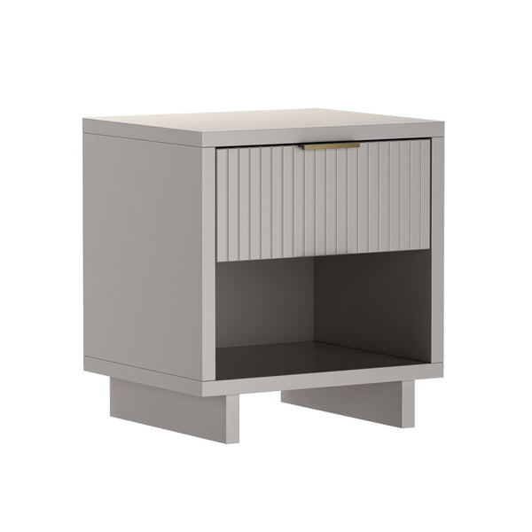 English Elm Nightstand with Fluted Drawer Open Shelf and Soft Close Glides for Modern Bedrooms Light Gray B365P504380