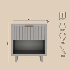 English Elm Nightstand with Fluted Drawer Open Shelf and Soft Close Glides for Modern Bedrooms Light Gray B365P504380
