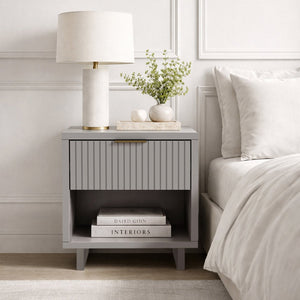 English Elm Nightstand with Fluted Drawer Open Shelf and Soft Close Glides for Modern Bedrooms Light Gray B365P504380