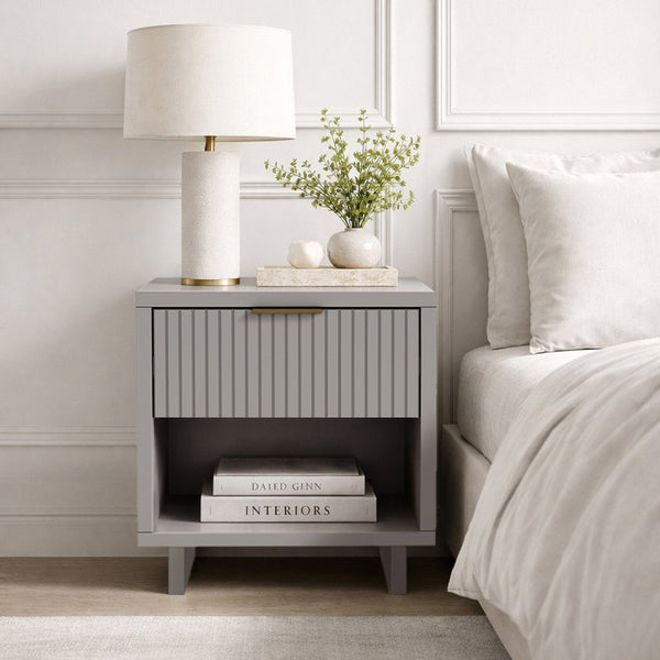 English Elm Nightstand with Fluted Drawer Open Shelf and Soft Close Glides for Modern Bedrooms Light Gray B365P504380