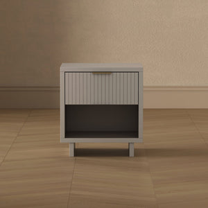 English Elm Nightstand with Fluted Drawer Open Shelf and Soft Close Glides for Modern Bedrooms Light Gray B365P504380
