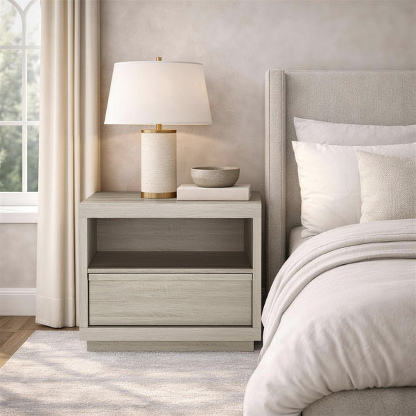 English Elm Nightstand with Drawer and Open Shelf for Modern Coastal or Contemporary Bedroom Decor Whitewashed Oak B365P504381