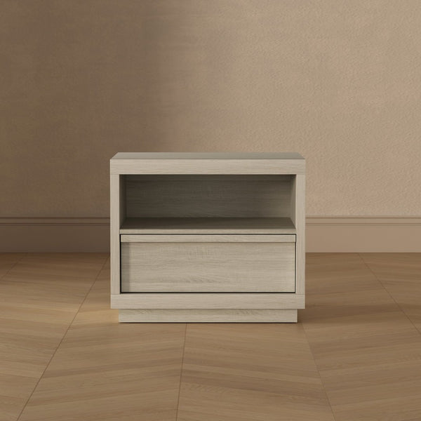 English Elm Nightstand with Drawer and Open Shelf for Modern Coastal or Contemporary Bedroom Decor Whitewashed Oak B365P504381