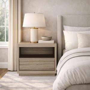 English Elm Nightstand with Drawer and Open Shelf for Modern Coastal or Contemporary Bedroom Decor Natural Oak B365P504382