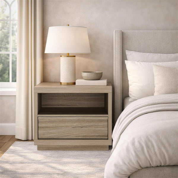 English Elm Nightstand with Drawer and Open Shelf for Modern Coastal or Contemporary Bedroom Decor Natural Oak B365P504382