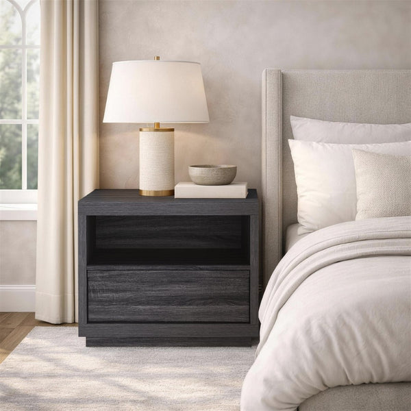 English Elm Nightstand with Drawer and Open Shelf for Modern Coastal or Contemporary Bedroom Decor Charcoal Gray B365P504383