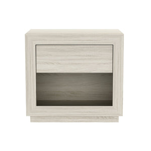 English Elm Nightstand with Flush Drawer and Open Cubby for Minimalist Scandinavian Bedroom Decor Whitewashed Oak B365P504384