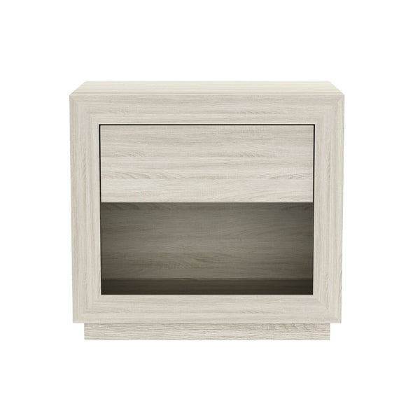 English Elm Nightstand with Flush Drawer and Open Cubby for Minimalist Scandinavian Bedroom Decor Whitewashed Oak B365P504384