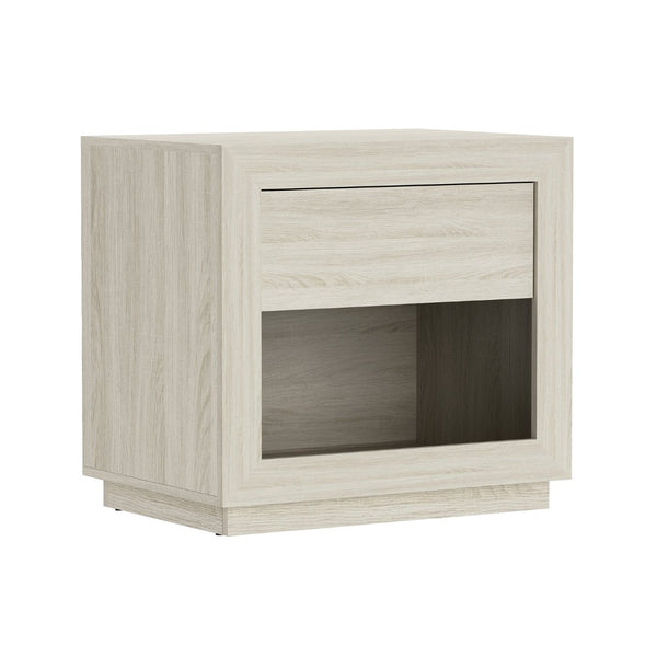 English Elm Nightstand with Flush Drawer and Open Cubby for Minimalist Scandinavian Bedroom Decor Whitewashed Oak B365P504384