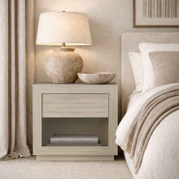 English Elm Nightstand with Flush Drawer and Open Cubby for Minimalist Scandinavian Bedroom Decor Whitewashed Oak B365P504384