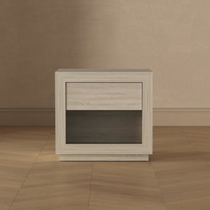 English Elm Nightstand with Flush Drawer and Open Cubby for Minimalist Scandinavian Bedroom Decor Whitewashed Oak B365P504384