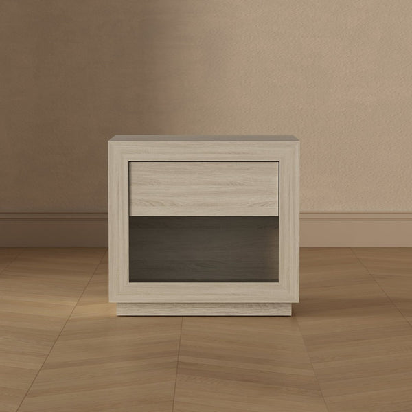 English Elm Nightstand with Flush Drawer and Open Cubby for Minimalist Scandinavian Bedroom Decor Whitewashed Oak B365P504384