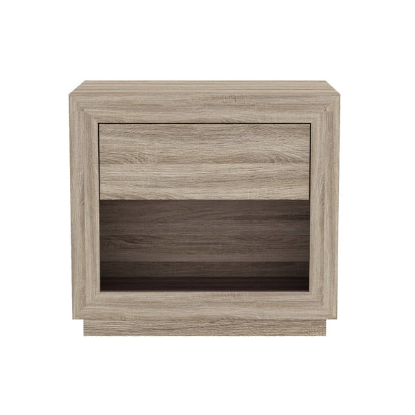 English Elm Nightstand with Flush Drawer and Open Cubby for Minimalist Scandinavian Bedroom Decor Natural Oak B365P504385