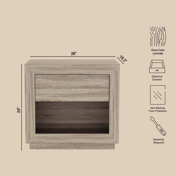 English Elm Nightstand with Flush Drawer and Open Cubby for Minimalist Scandinavian Bedroom Decor Natural Oak B365P504385