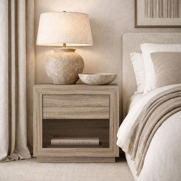 English Elm Nightstand with Flush Drawer and Open Cubby for Minimalist Scandinavian Bedroom Decor Natural Oak B365P504385